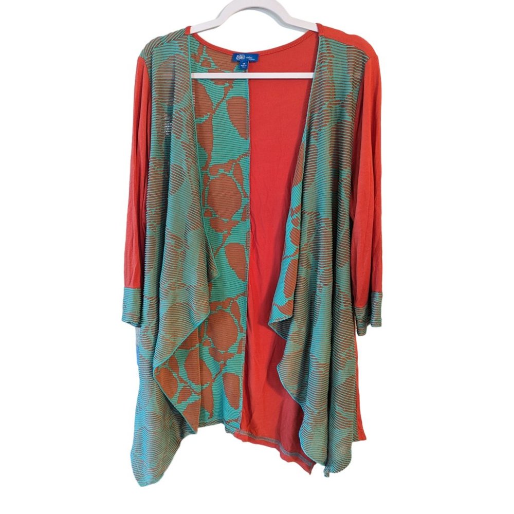 Women's Aster by Firmiana open front waterfall cardigan, teal/rust, size 1X